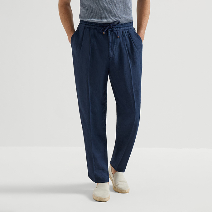 brunello cucinelli drawstring linen casual trousers